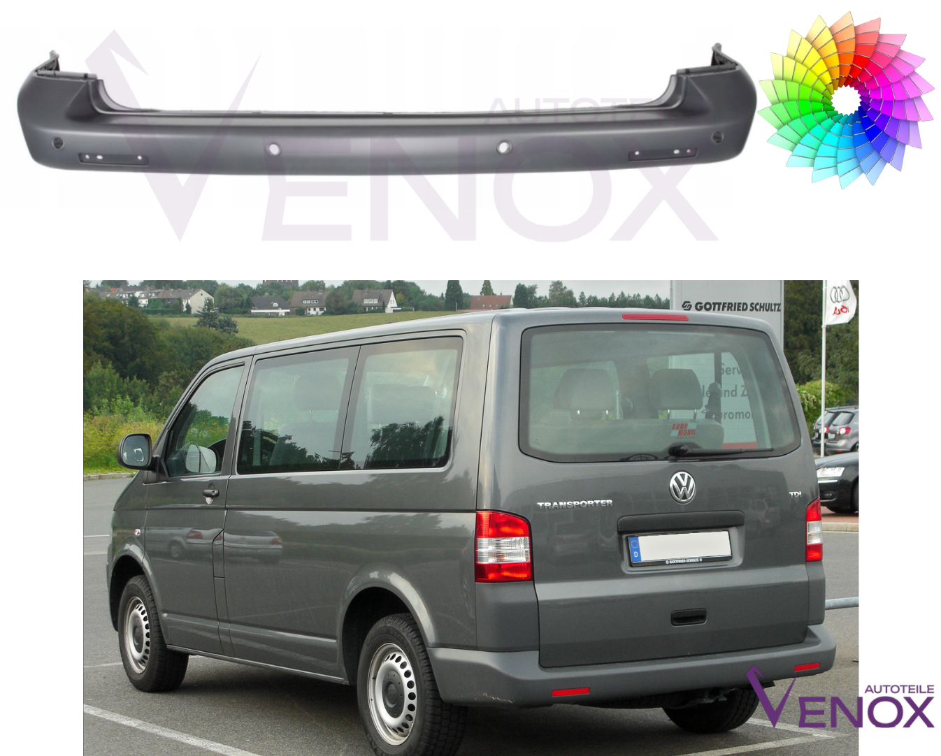 Für VW T5 CARAVELLE MULTIVAN 03-09 PDC Stoßstange hinten lackiert in Wunschfarbe – Bild 2